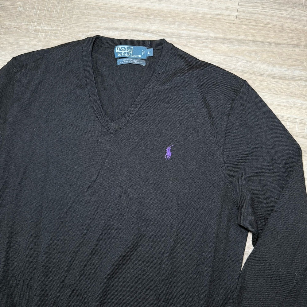 Vintage Polo Ralph Lauren Sweater Black Size L 100% Merino Wool PurplePony‎ Logo